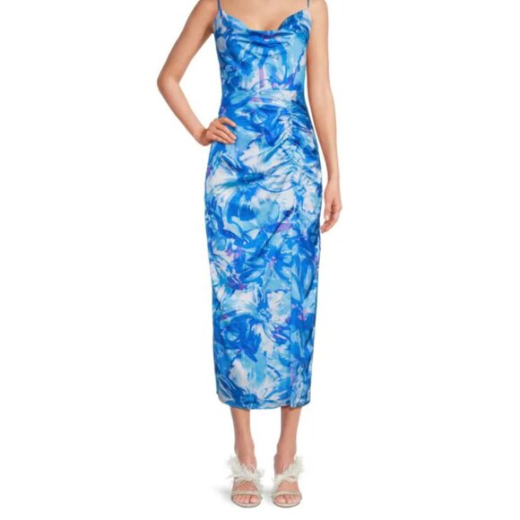 EUC Blue *Milly* Liliana Brushstroke Floral Midi Dress | Cowl Neckline | Size 0 - Picture 2 of 9